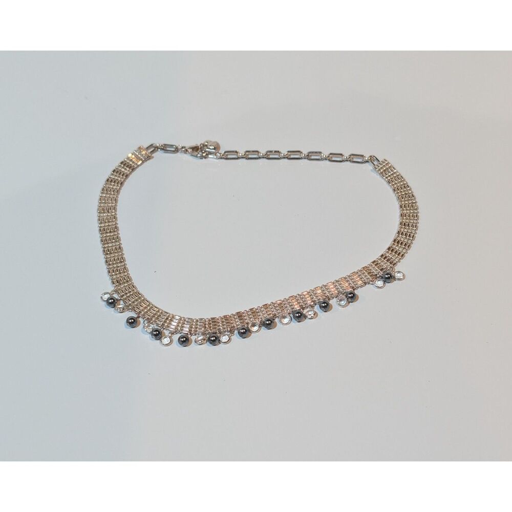 Vintage Carol Lee Faux Black Pearl  Silver Tone Chain Choker Necklace 15"